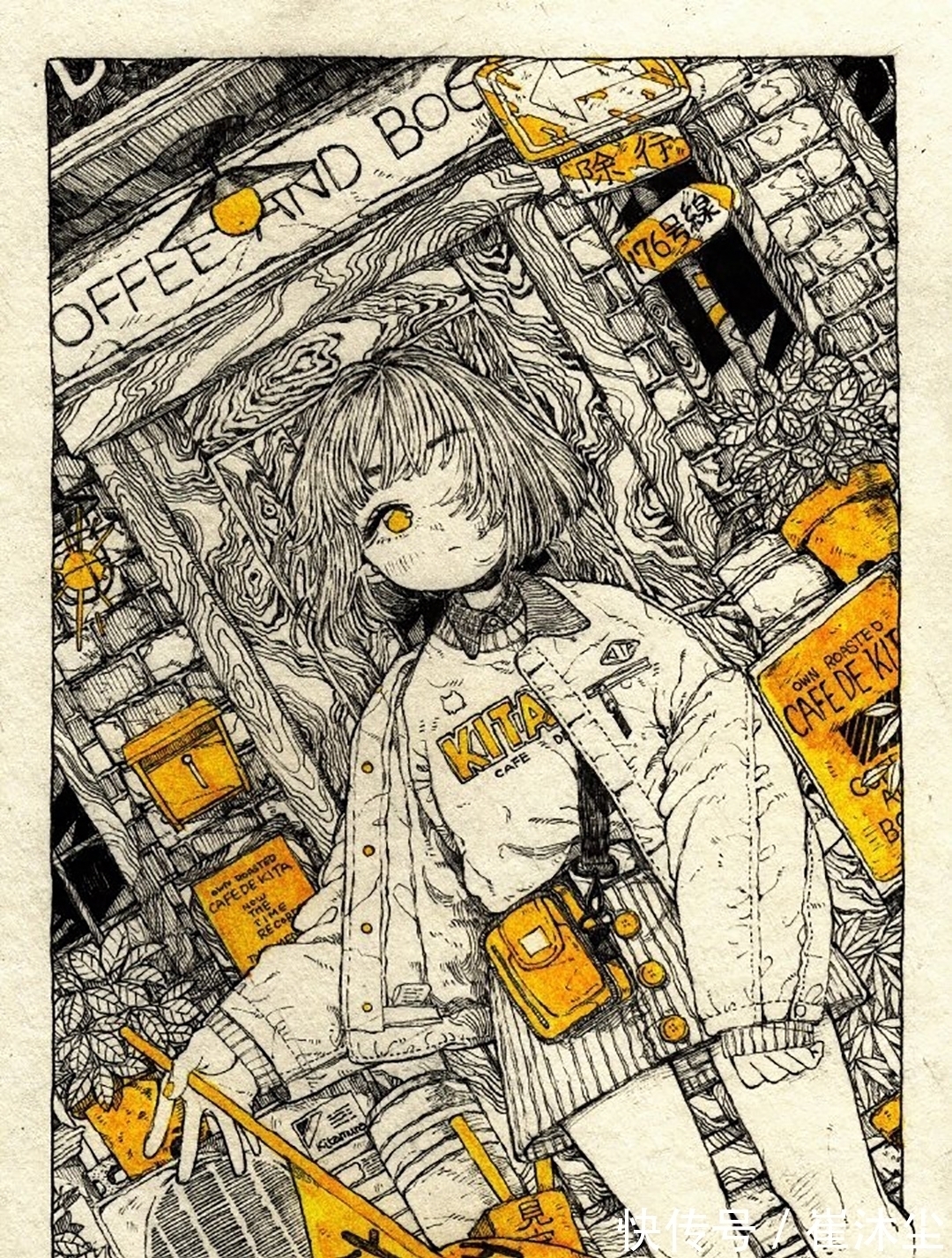 少女插画#线条感极强的少女插画,加一点黄色点缀非常的好看
