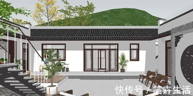 坡屋面|一层三合院设计,小院+露台,还设有阳光房,真是太会生活了!