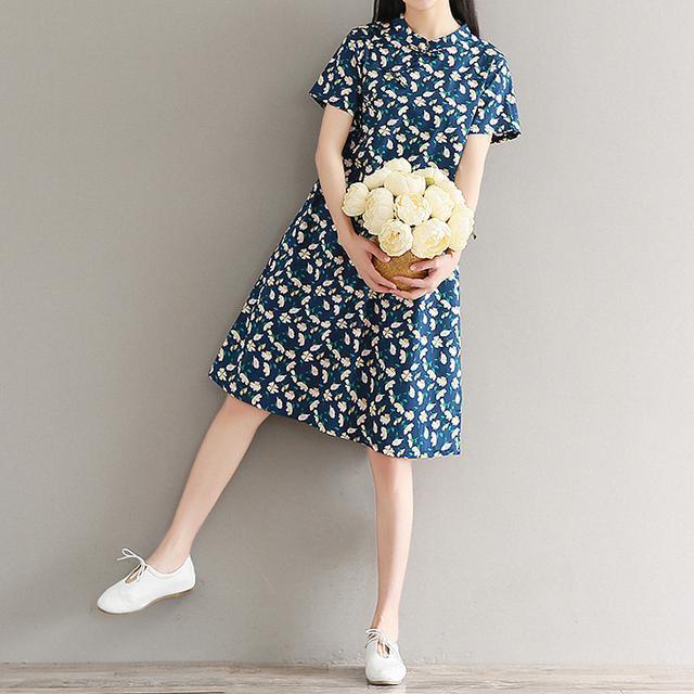 文艺|中式改良旗袍裙,棉麻材质、宽松A字版型,小清新风格