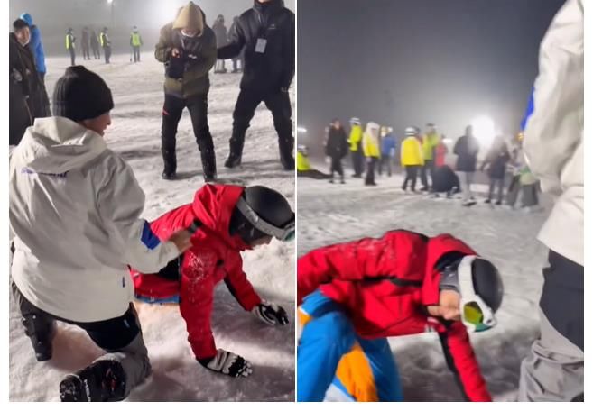 |撒贝宁尼格买提雪地打闹！一脚踹屁股太搞笑，抱头用膝盖顶其肚子