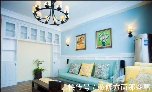 低柜|95平欧式二居室，背景墙是蓝色的让整个空间更加唯美