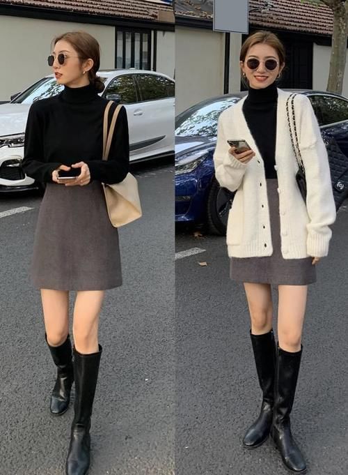 最近有种“内搭”很火，叫“黑色打底衫＋半裙”，配什么外套都美