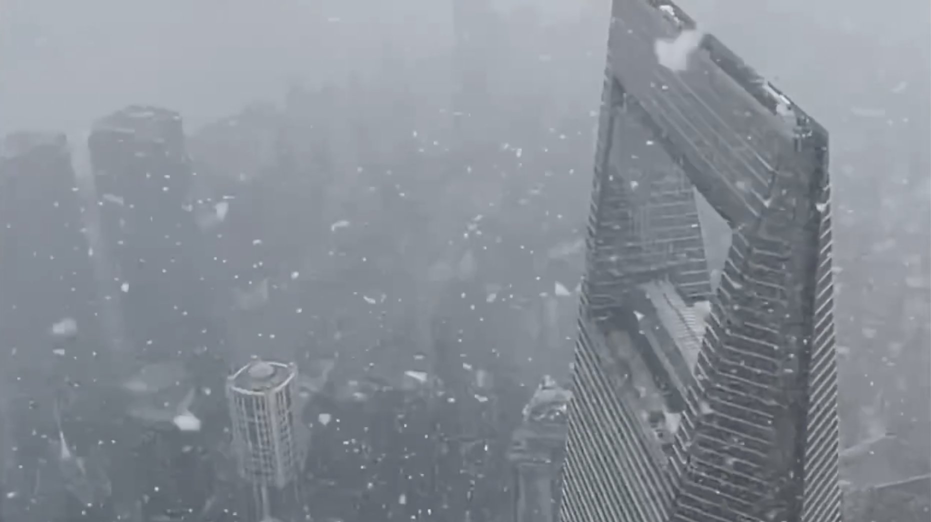 第一场雪|600米高空雪花簌簌，上海中心大厦窗外飘起2022年的第一场雪