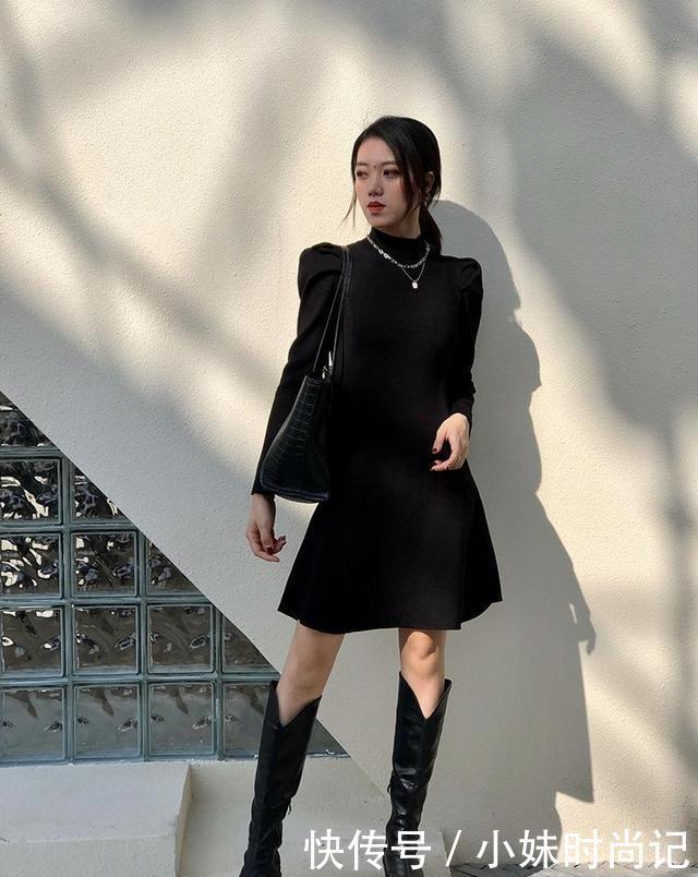 “黑色长裙+黑色靴”, 是春天很流行的搭配组合, 显瘦又洋气!