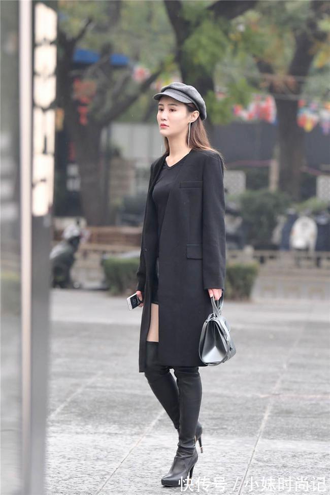 过膝长靴|黑色细高跟过膝长靴,修身款式,搭配黑色风衣,时尚抢眼