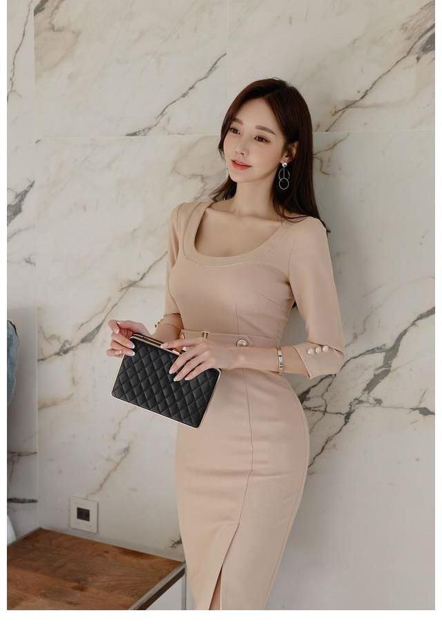 春桃|女神孙允珠高清时尚搭配（233）春桃杨妃淡粉雨溪烟树包臀裙