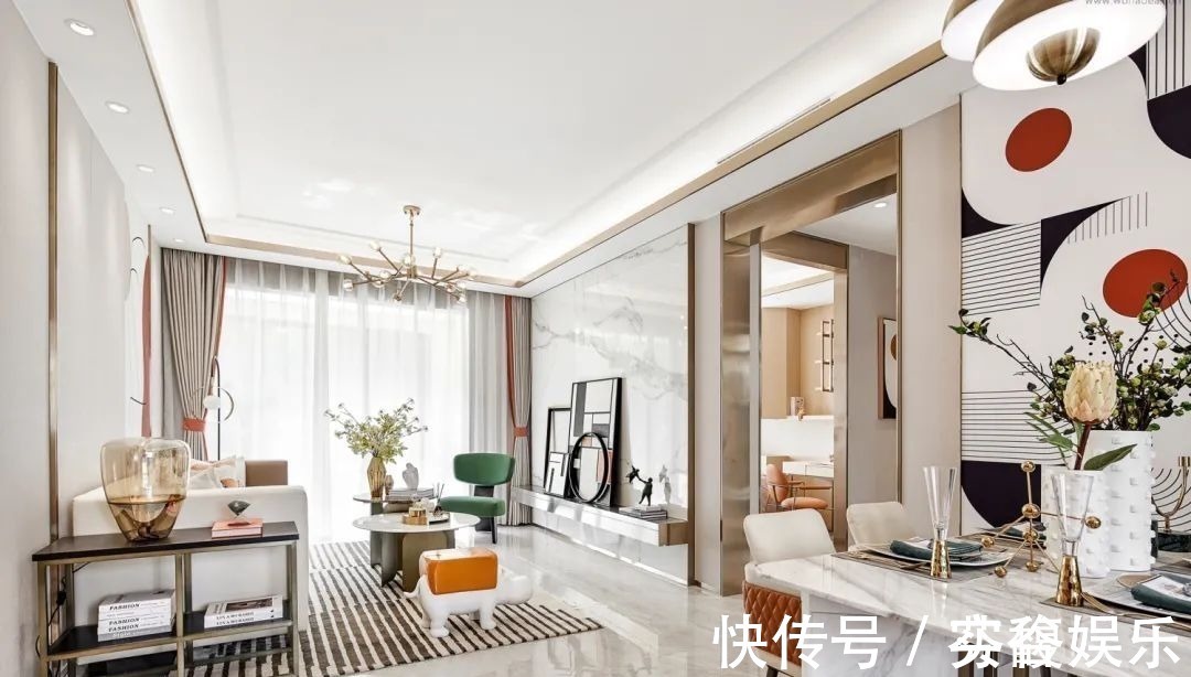 端庄|130㎡现代轻奢,大理石与金属质感,加上橙色的软装,华丽高档