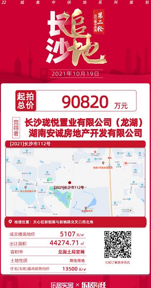 毛坯|长沙珑悦、安诚底价9.08亿元联合摘得长沙天心区4.43万平商住地