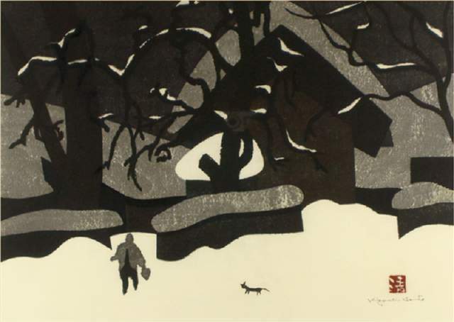 版画!日本近代版画大师斋藤清冬日雪景系列版画作品