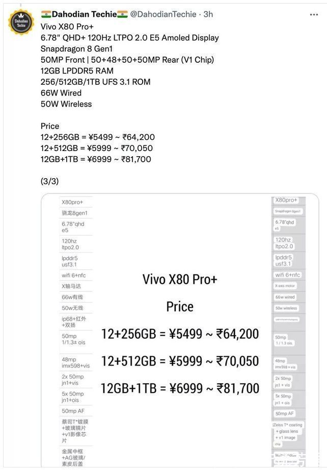 像素|vivo X80系列 三款新机的详细参数和价格疑似曝光