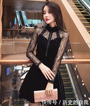 淑女气质,款蕾丝立领,丝绒A字连衣裙穿搭