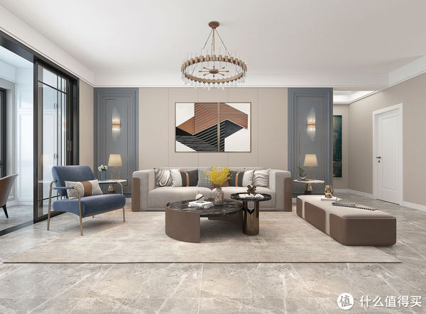 客餐厅|闺蜜的130平米新家,装现代轻奢风格,单一个沙发墙就把我迷住了