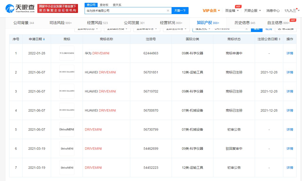 华为技术有限公司|华为再次申请 DRIVEMINI 商标，此前科学仪器类被驳回