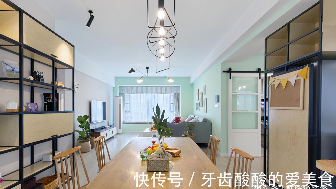 餐边柜|120㎡极简新房,清亮的薄荷绿墙面,吧台和餐边柜是最大亮点