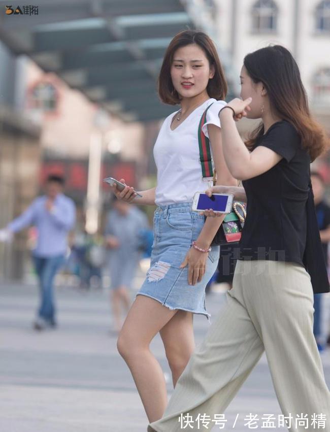 街拍 路人街拍,短发牛仔裙美女