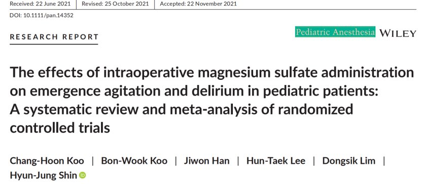 【罂粟摘要】术中应用硫酸镁对儿科患者术后出现躁动和谵妄的影响：一项随机对照试验的系统回顾和meta分析