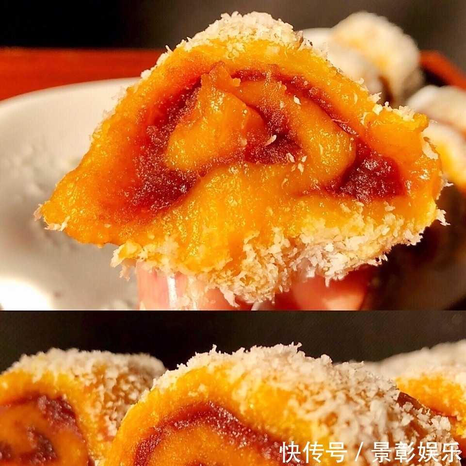 教你做一个又好看又好吃的甜点，南瓜豆沙糯米卷，香甜软糯超好吃