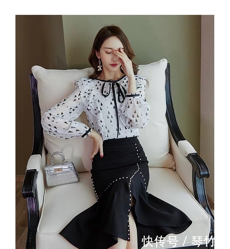 套装裙：清新温柔雪纺衫搭配不规则鱼尾裙，凸显女性曼妙身材