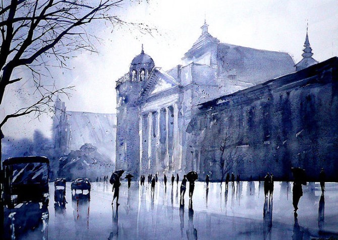 水彩画@波兰水彩画家拉法尔的街市景观画,耐看!