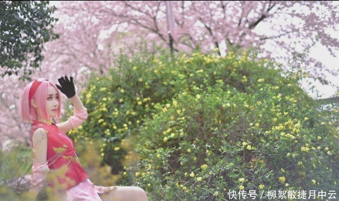 小姐姐|樱花雨中的春野樱,绿瞳红眉粉毛心动还原,木叶女神再现三次元