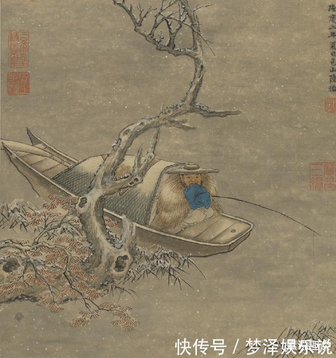 陆治#500年前的一幅古画，老人江中钓鱼，却被乾隆盖了10多个章