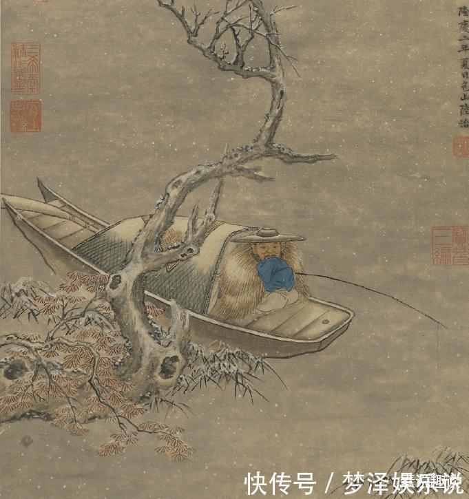 陆治#500年前的一幅古画,老人江中钓鱼,却被乾隆盖了10多个章