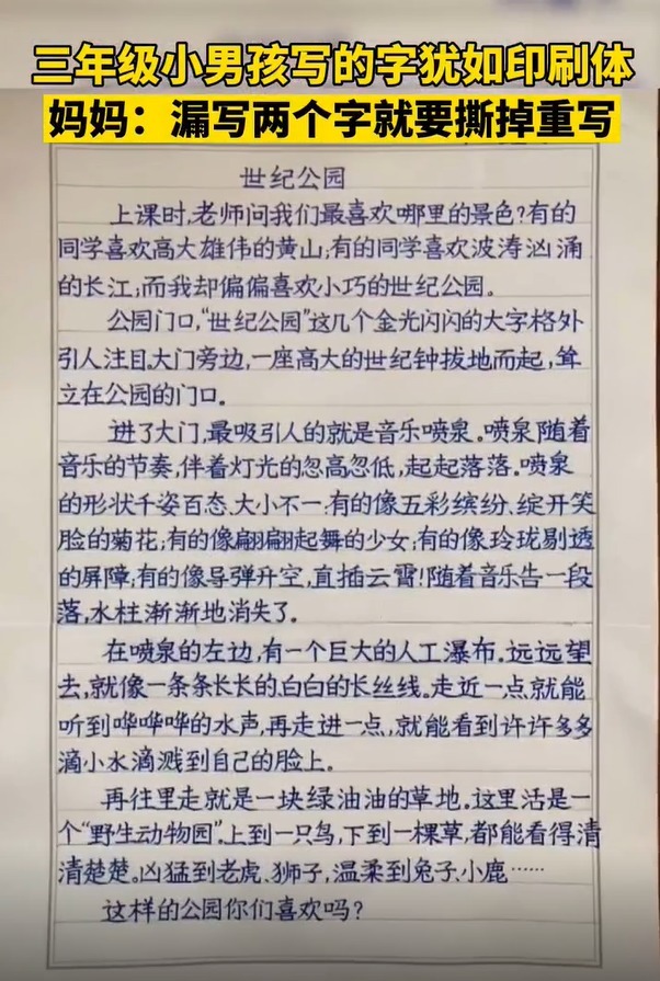 小男孩写的作业，字体活像“印刷体”火了，网友：堪称模范作业！