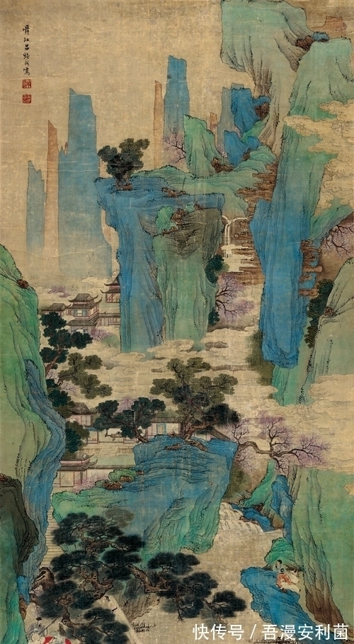 吕焕成#延续吴门画风,描绘人间仙境,吕焕成绘《春山听阮》