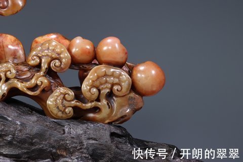 天工奖#清代寿山桃花石雕·寿桃林芝如意摆件