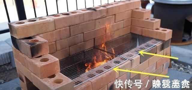 老爸不用水泥砂浆, 空心砖垒起来, 在院子里搭个烧烤台, 简单方便