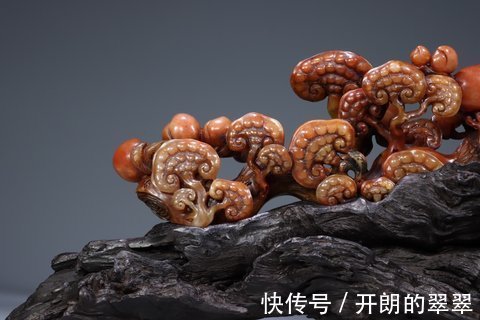 天工奖#清代寿山桃花石雕·寿桃林芝如意摆件