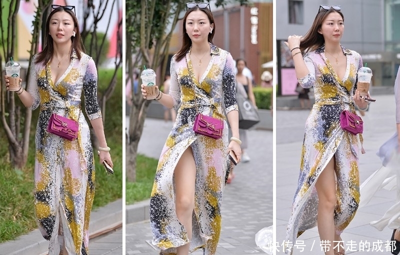 全开连衣裙,只系腰间,行走中带有美感!