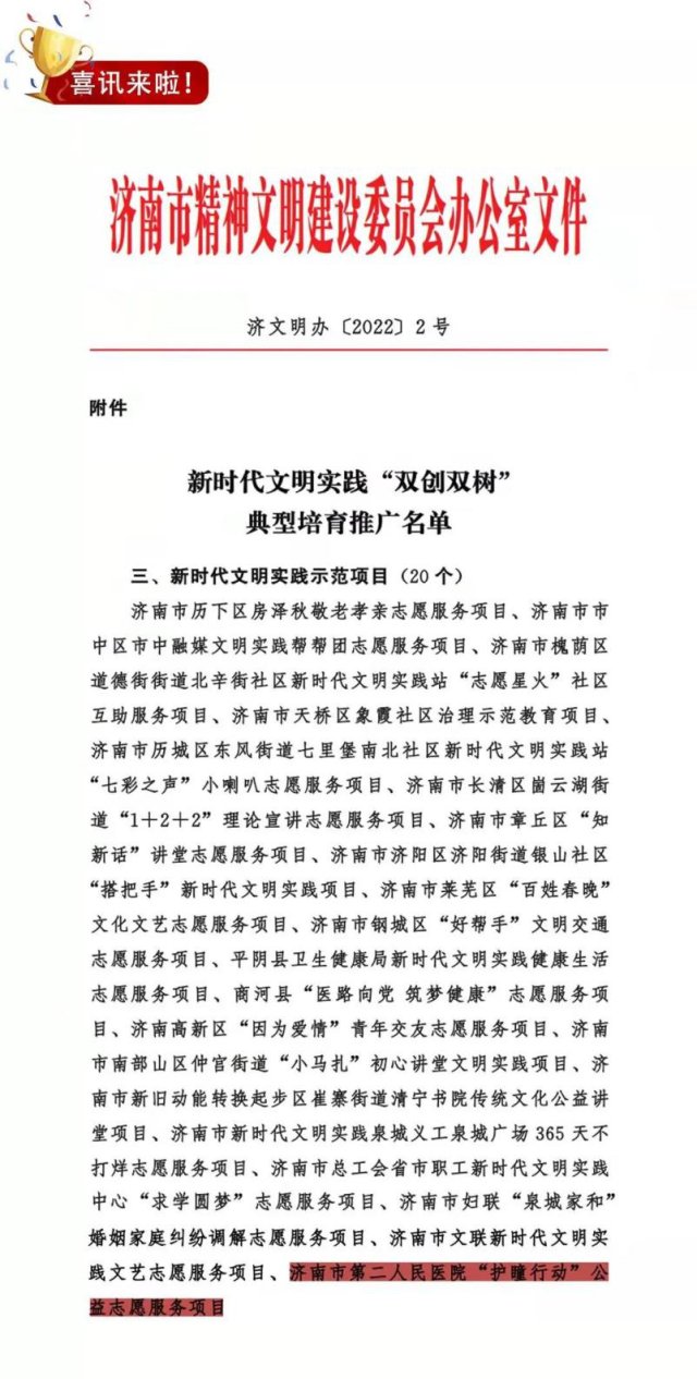 济南市二院护瞳行动志愿服务项目获评济南市文明实践示范项目