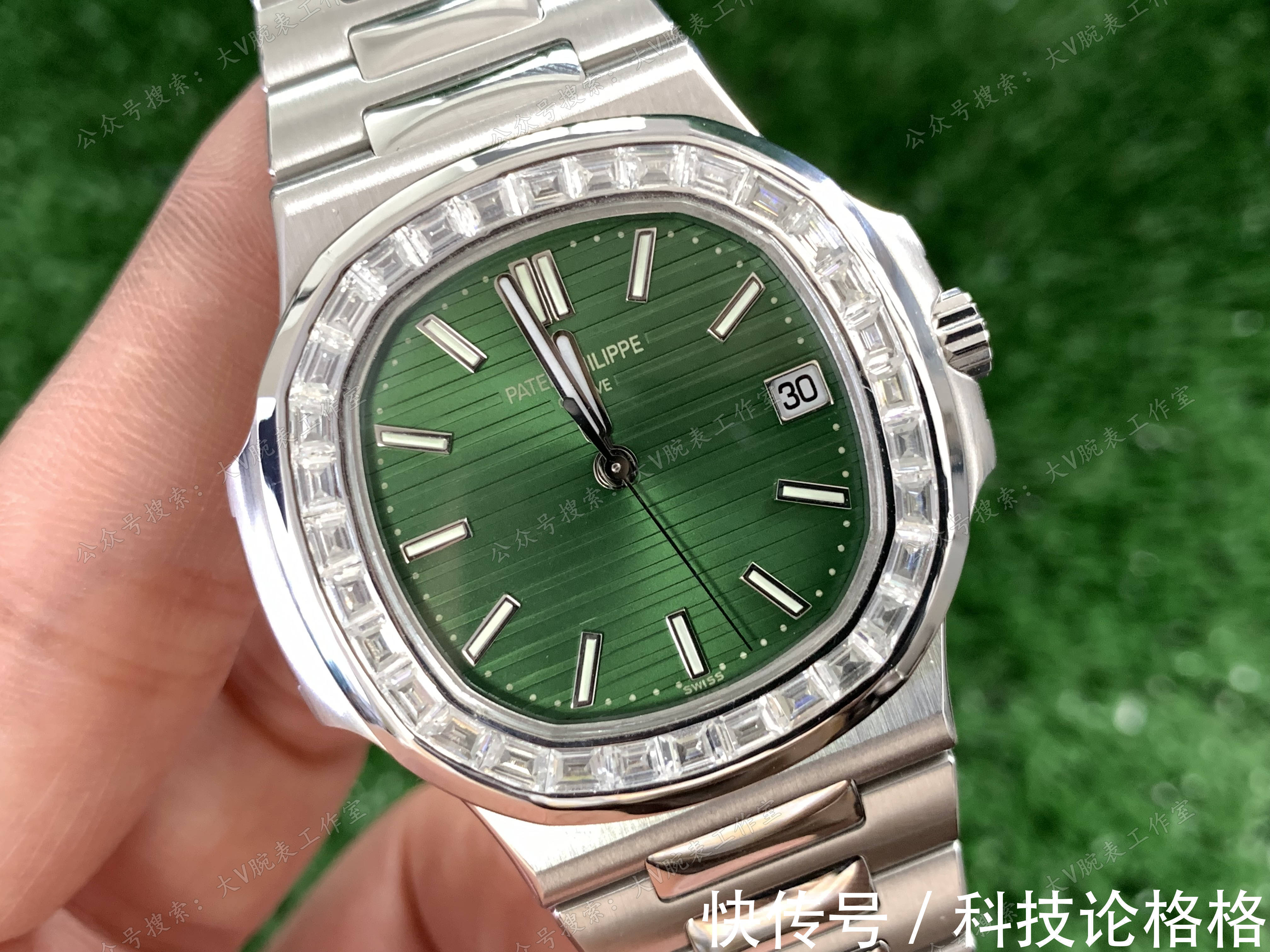 镶钻 橄榄绿色盘面鹦鹉螺改装后镶钻圈口,鹦鹉螺5711绿面无损改装后镶钻腕表!