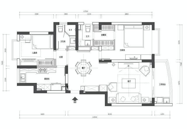 三居室|105平美式风三居室,浅灰的底色点缀亮黄、浅蓝为客厅时尚感