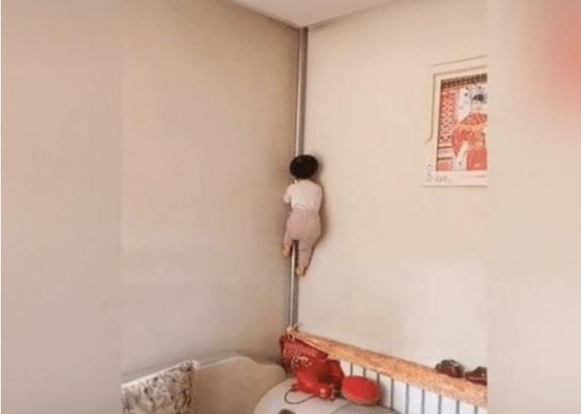 天花板|3岁萌娃“窜天猴”附体,沿暖气管爬上天花板,网友:惹不起