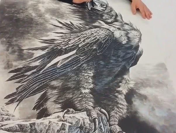 国画|他画一只巨雕霸气十足,被批评画皮不画骨,没有国画艺术性