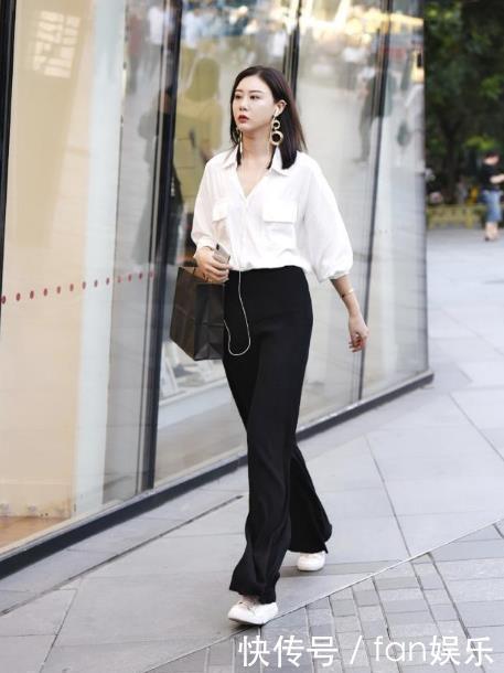 淑丽|白色休闲上衣搭配黑色长裤,温婉柔顺,淑丽姣好
