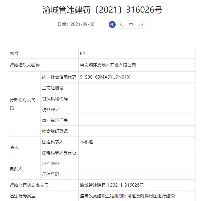 许可证|重庆翔泽房地产公司违法建设被罚 为禹洲集团子公司