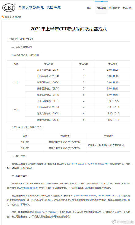 2021上半年四六级考试时间公布，祝逢考必过