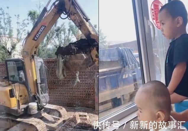 挖掘机|三个宝宝排排坐,乖乖看挖土机作业,宝宝为啥对挖土机情有独钟呢