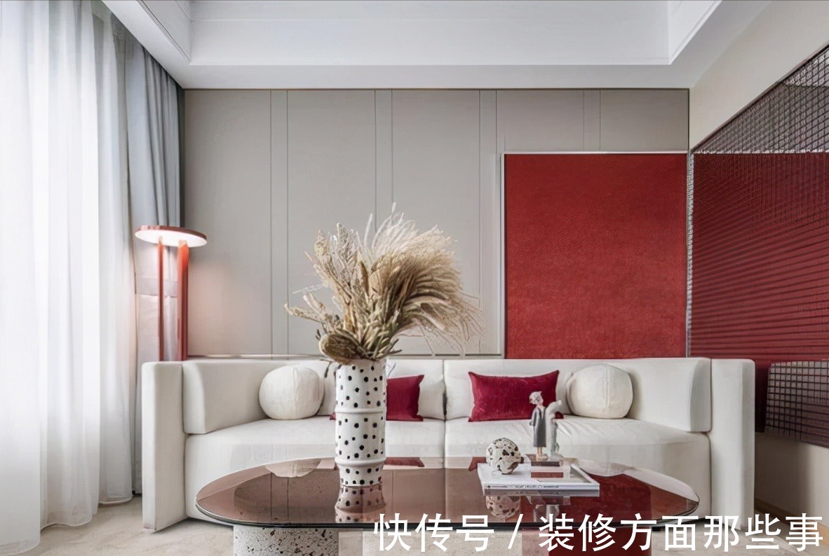 现代风|128平现代风三居室，红白色客厅真是温馨