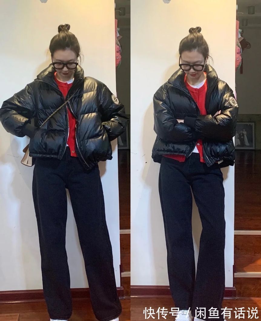 宽松裤|同件黑色羽绒服,配宽松裤和紧身裤有多大差距?看博主示范就知道