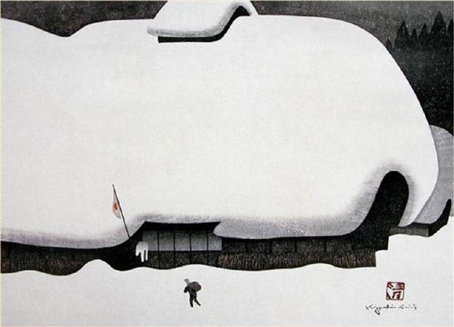 版画!日本近代版画大师斋藤清冬日雪景系列版画作品