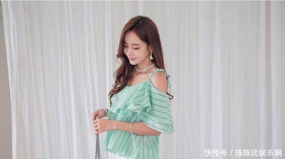 甜美|美女孙允珠 甜美条纹拼荷叶蝴蝶结吊带