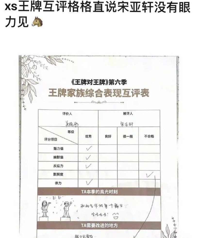 開玩笑？《王牌對王牌》關(guān)曉彤在互評表里說宋亞軒：要有眼力見