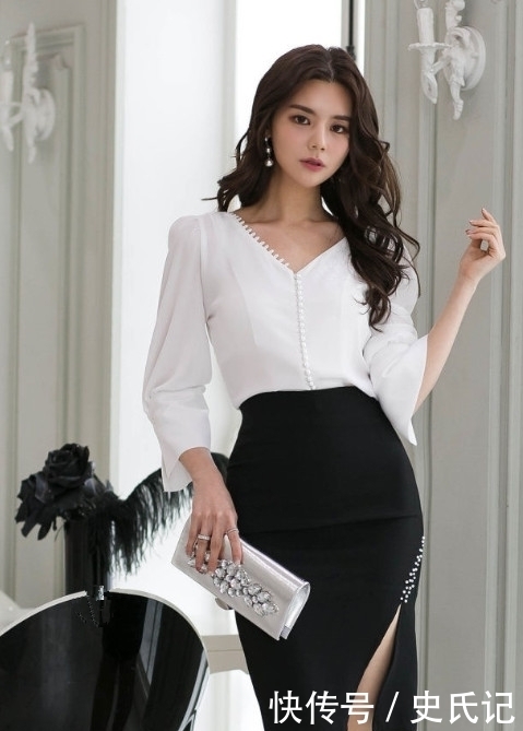 展现|半身裙美女,经典的黑白搭配,轻松展现干练的气质