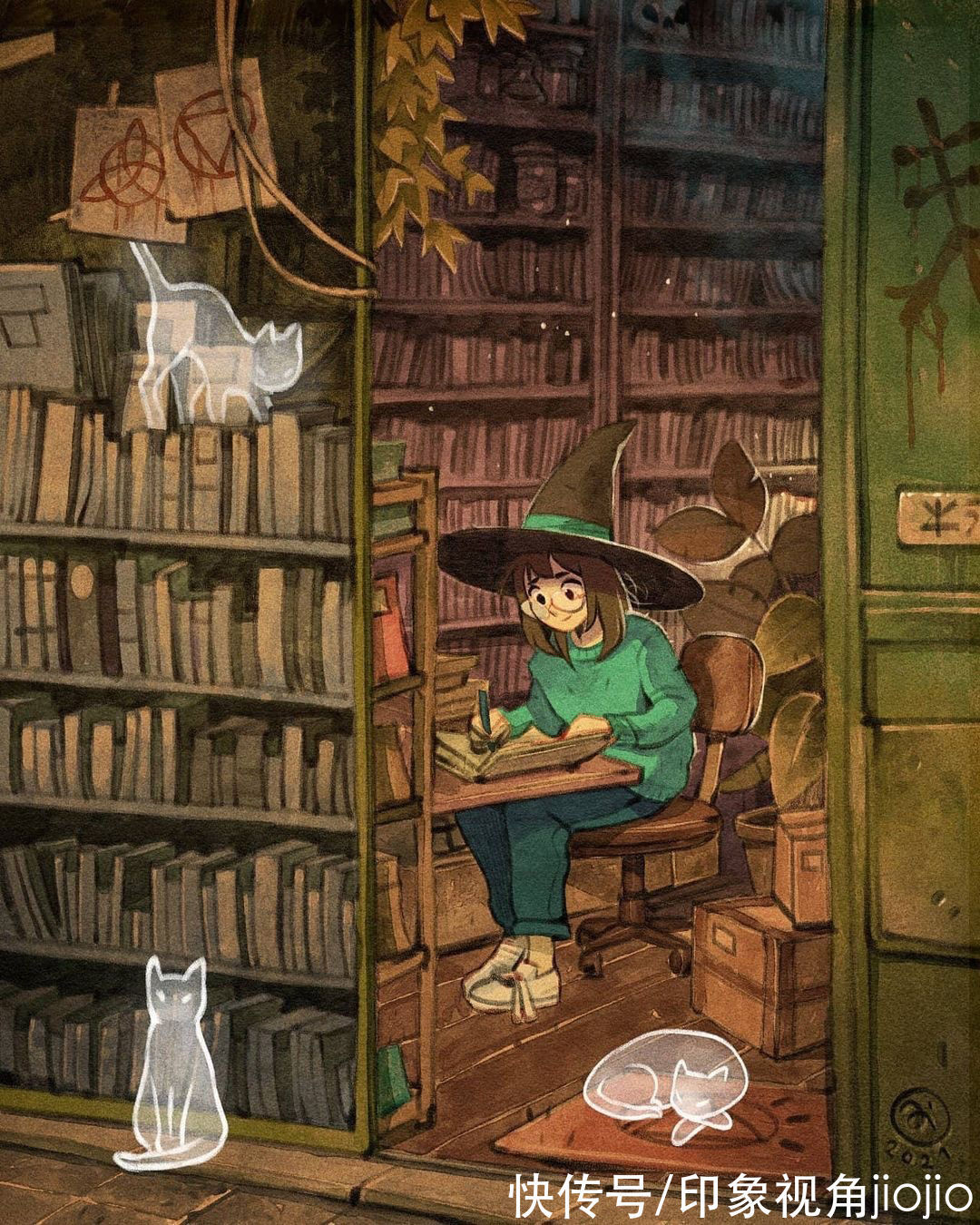 日常插画#复古风的女巫日常插画作品,猫咪灵魂陪伴设定太有爱了