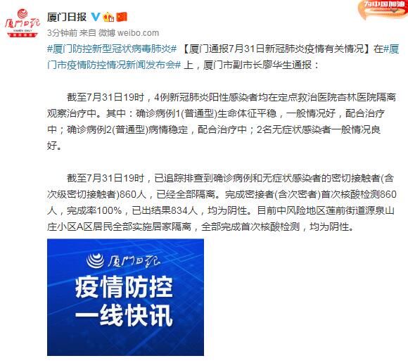 核酸|厦门通报4例新冠肺炎阳性感染者排查情况:完成首次核酸检测860人,已出结果834人,均为阴性