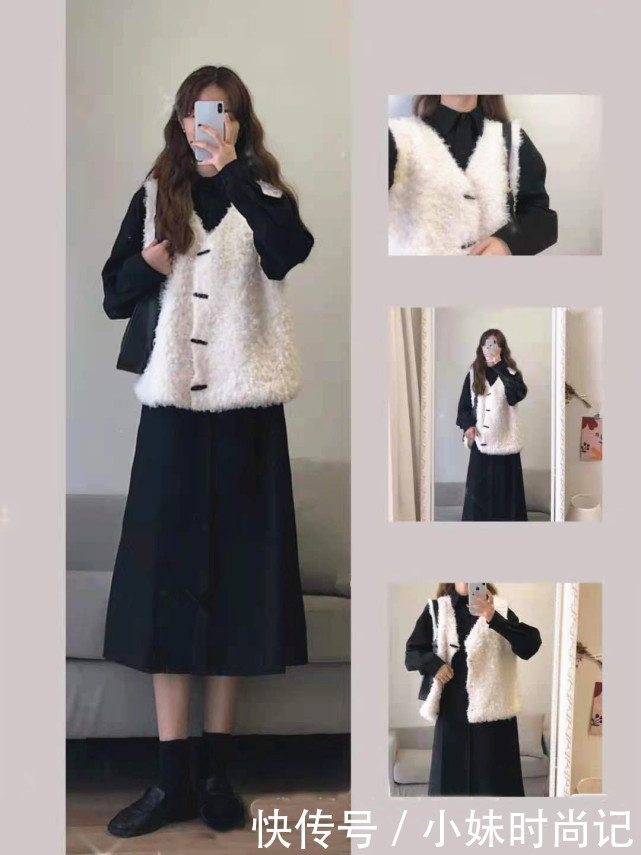 深色系演绎的甜美范儿,很有冬日韩系穿搭韵味,温暖还不臃肿